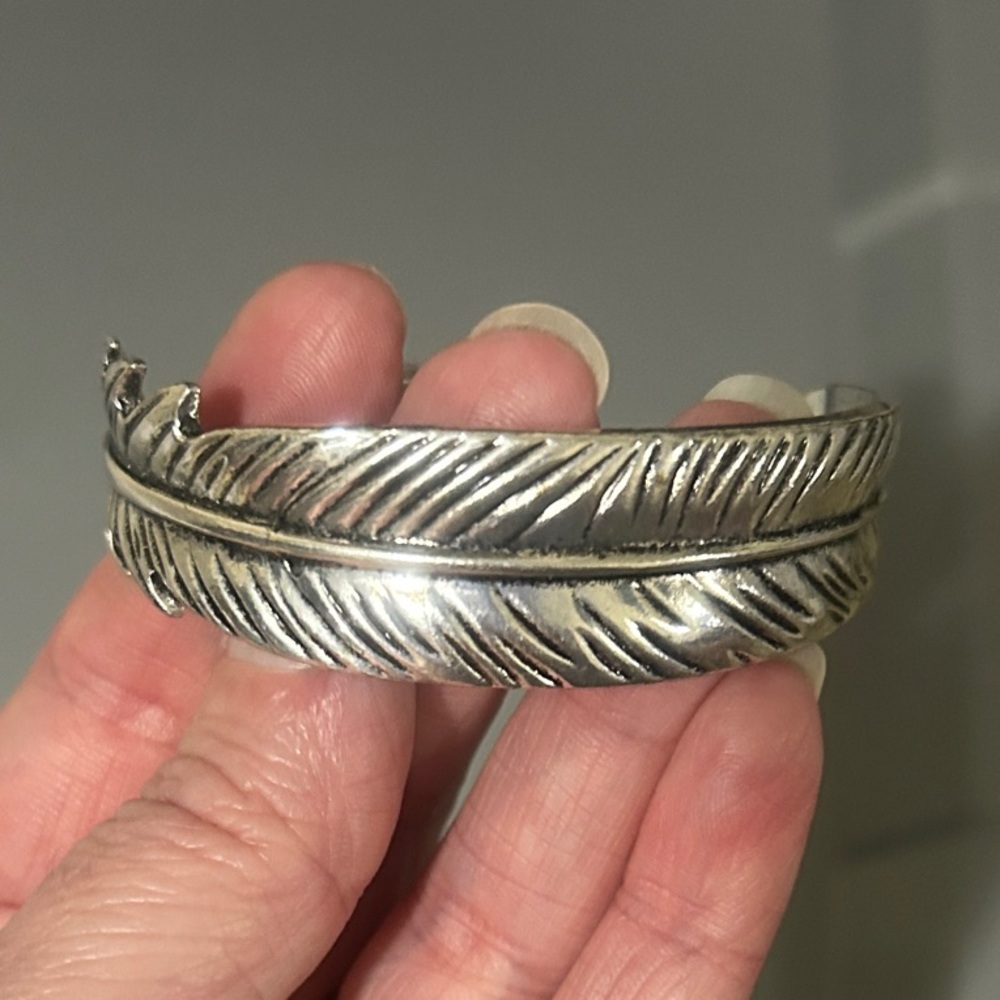 Feather Motif Silver-Tone Cuff Bracelet